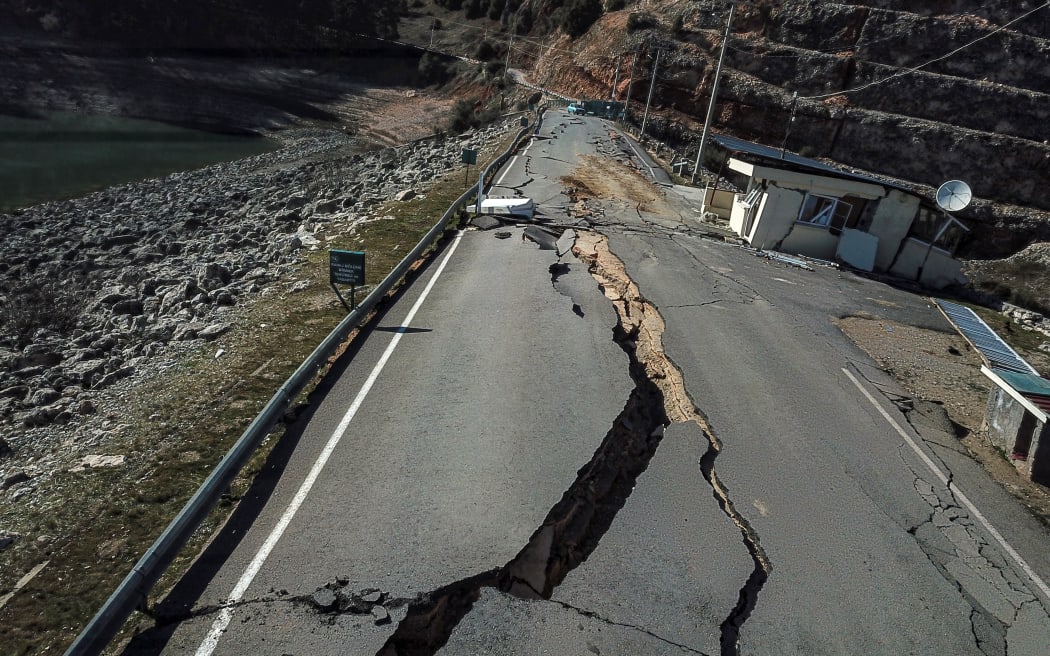 Cracks on a road near the earthquake’s epicentre in Pazarcik district of the city of Kahramanmaras, ten days after the 7.8-magnitude earthquake which struck parts of Turkey and Syria, on February 16, 2023.