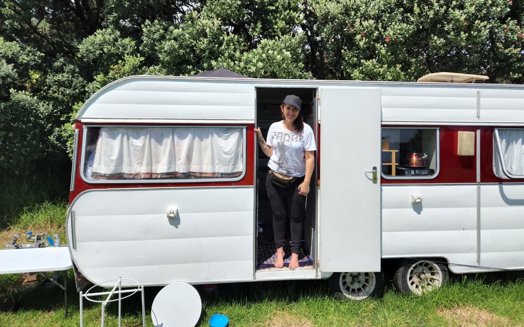 Muriwai resident Teena Stevens, her husband, four kids, two cats and a dog hunkered down in their campervan the night of the cyclone, after their house was flooded.