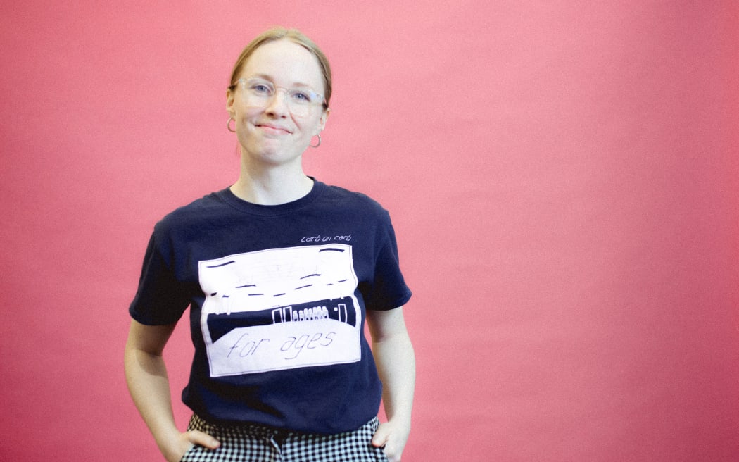RNZ audio engineer Flo Wilson in her Carb on Carb t-shirt