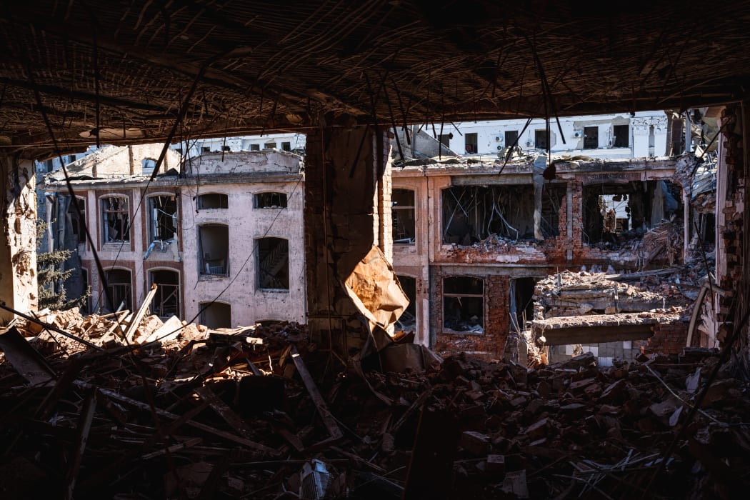 A view from a heavily damaged building after Russian attacks in Kharkiv, Ukraine on March 22, 2022.
