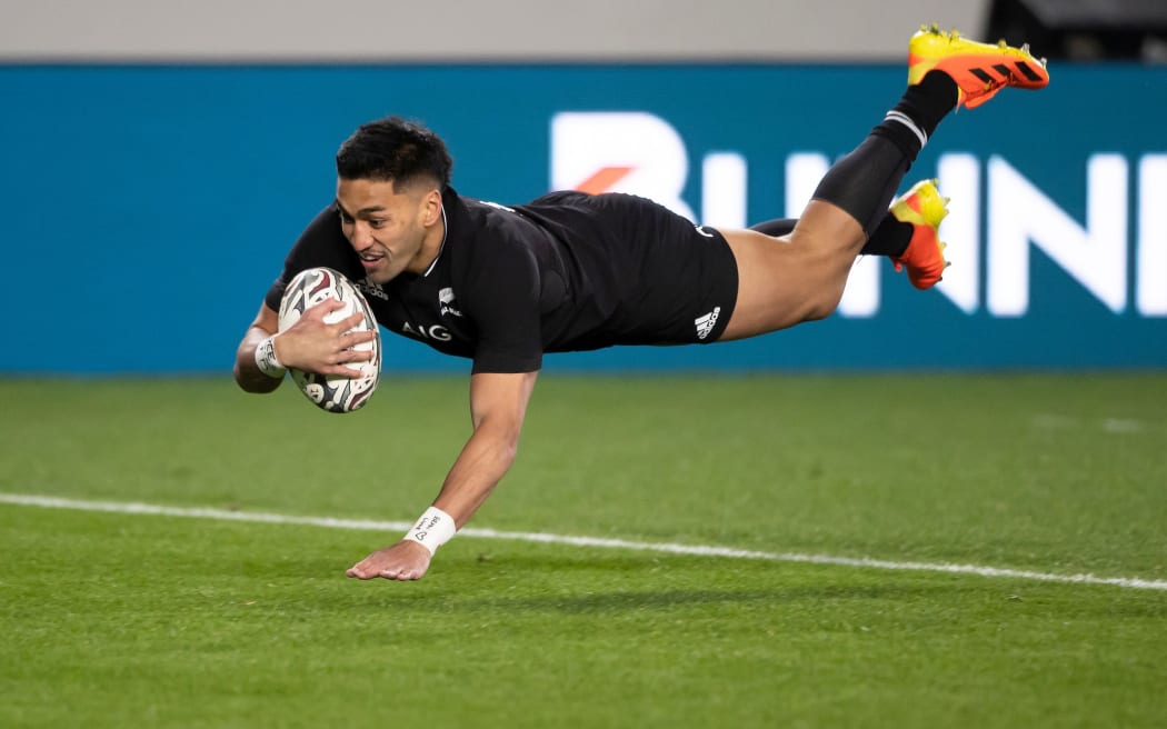 All Blacks centre Rieko Ioane dives over to score during the 2nd 2021 Bledisloe Cup Test rugby match between the All Blacks and Australia held at Eden Park - Auckland - New Zealand.  14  August  2021       Photo: Brett Phibbs / www.photosport.nz