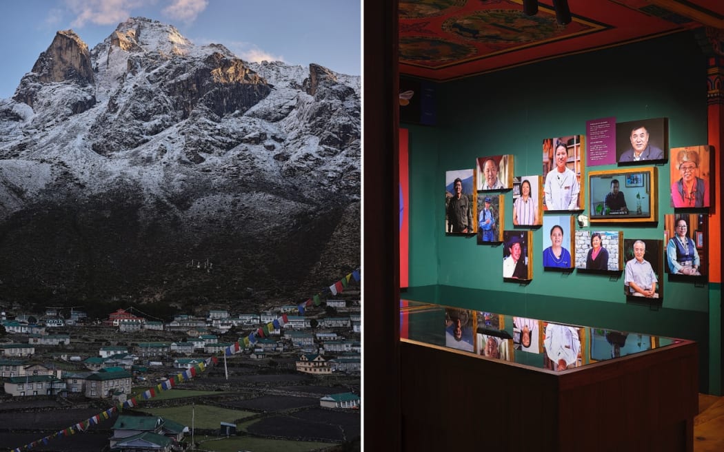 A composite image of Khumjung Village (left), where the 1961 classroom built by Sir Edmund Hillary and his wife has been repurposed as a visitor centre (right), acknowledging the work of the mountaineer and the Himalayan Trust.