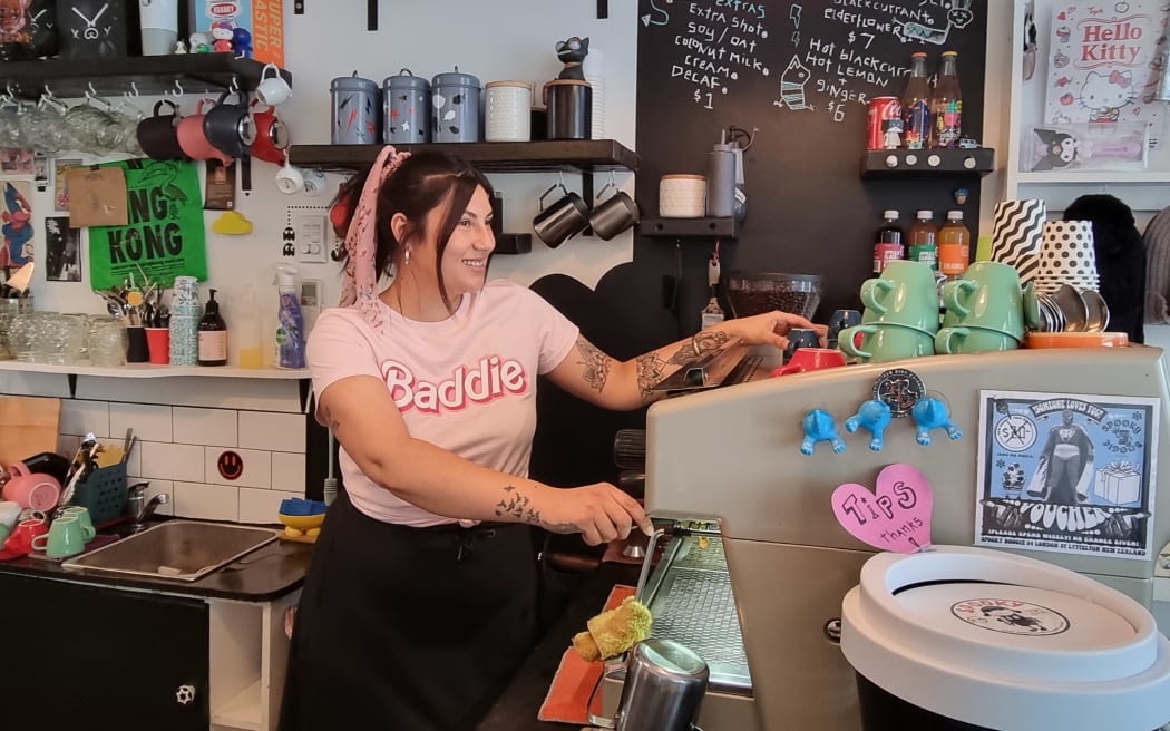 Eden Guerrero at the coffee machine in Spooky Boogie cafe in Lyttelton.