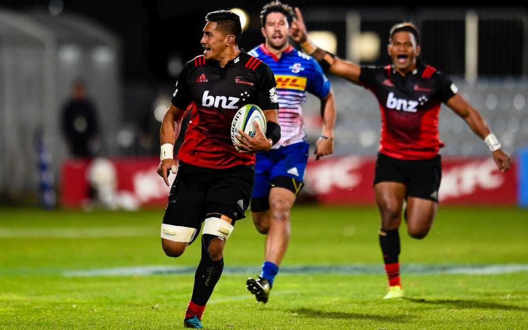 Pete Samu of the Crusaders runs in for a try during the Super Rugby match, Crusaders V Stormers, AMI Stadium, Christchurch, New Zealand, 22nd April 2017.