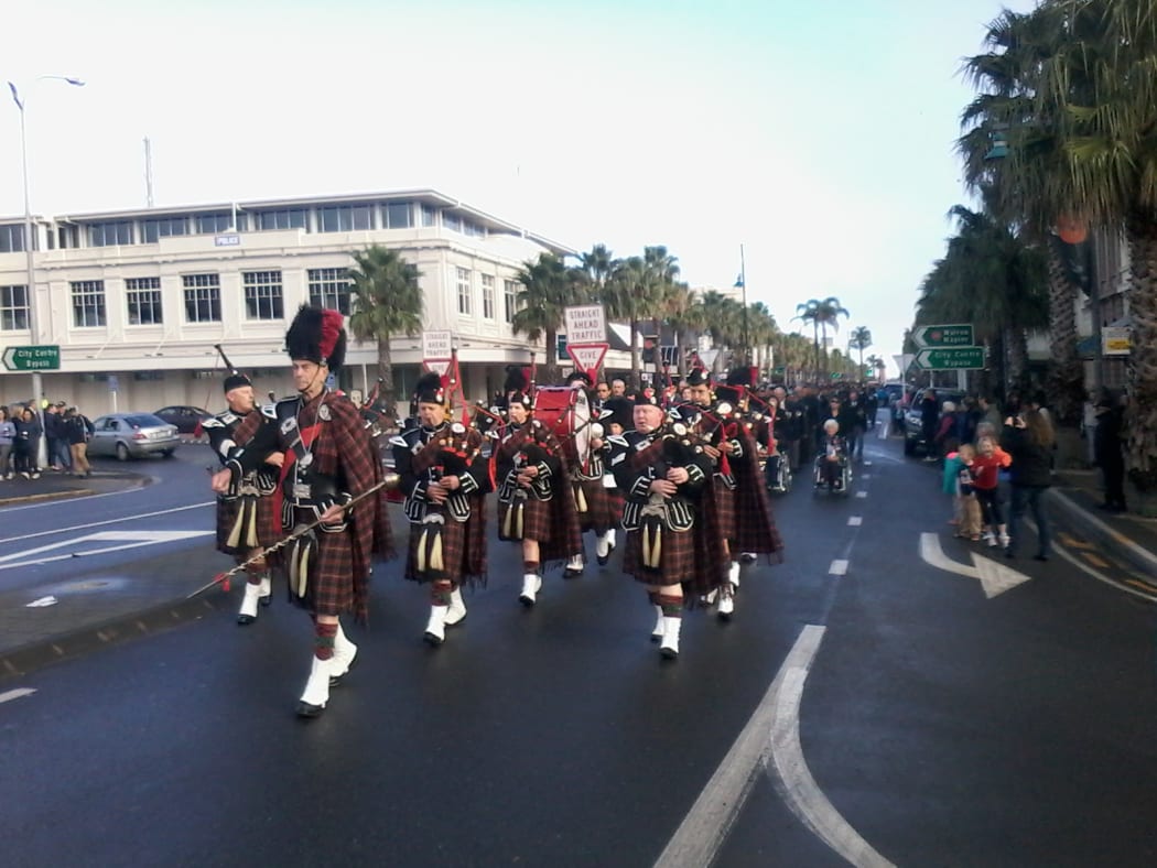 A band marches in Gisborne to mark Anzac Day.