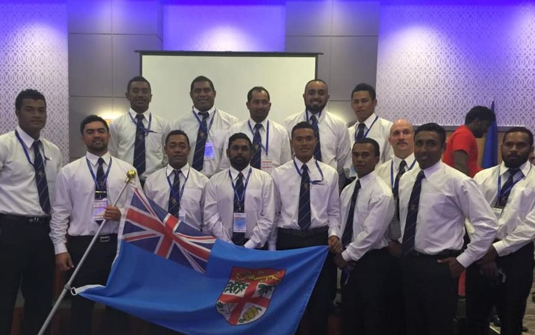Fiji men's team at the launch for World Cricket League 6.