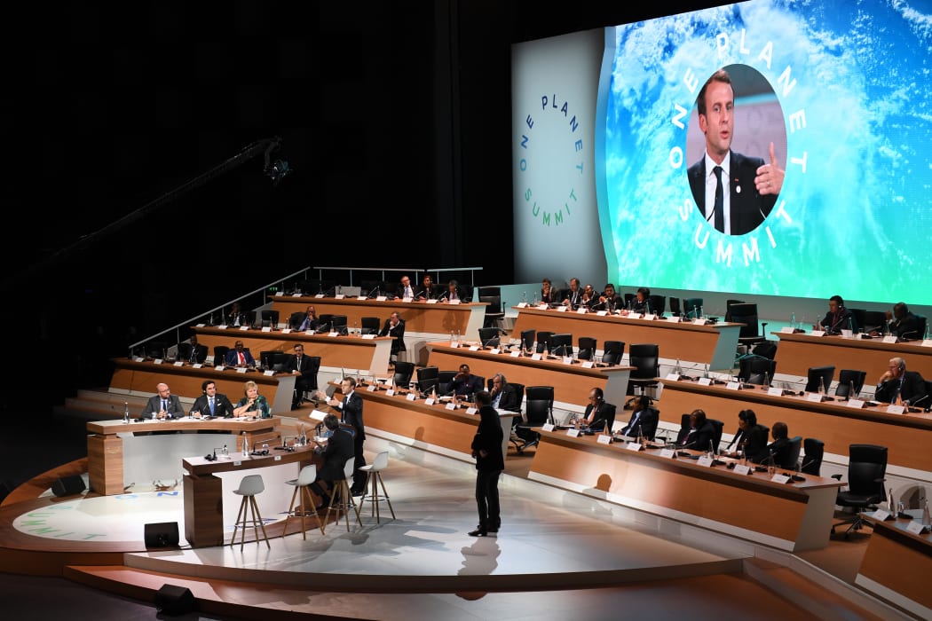 French president Emmanuel Macron speaks during the closing session of the One Planet Summit.