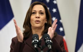 US Vice-President Kamala Harris gives a press conference in Paris on November 12, 2021. (Photo by Thomas COEX / POOL / AFP)