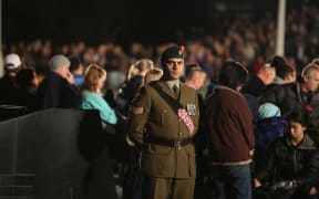 A soldier at the Auckland dawn service at the War Memorial Museum.