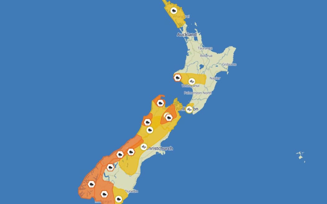 MetService's weather watches and warnings on the morning of 10 April. Weather watches are denoted by yellow, while warnings are orange.