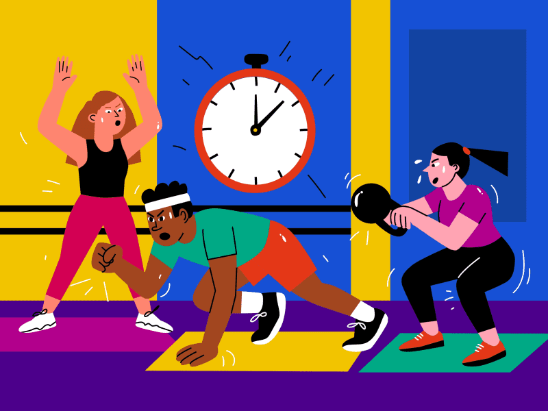 Illustration of people working out intensely, racing against the clock.