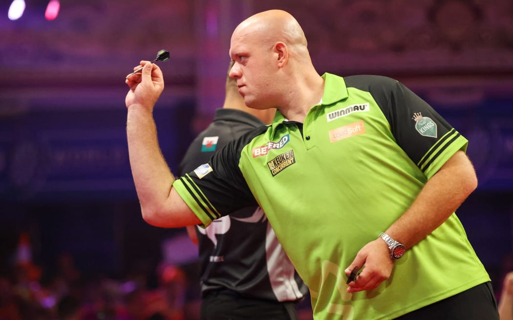 Michael van Gerwen during the Betfred World Matchplay Darts 2022 on July 24, 2022 at Winter Gardens in Blackpool, England - Photo Shane Healey / ProSportsImages / DPPI (Photo by Shane Healey / ProSportsImages / DPPI via AFP)