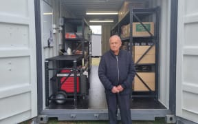 Te Rūnanga o Ngā Maata Waka and Ngā Hau E Whā marae executive advisor Norm Dewes checks out the new emergency pod at Ngā Hau E Whā marae.