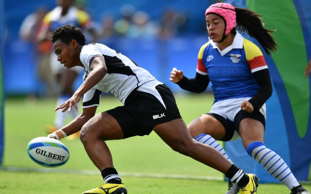 Fiji score a try against Colombia at the Rio Olympics.