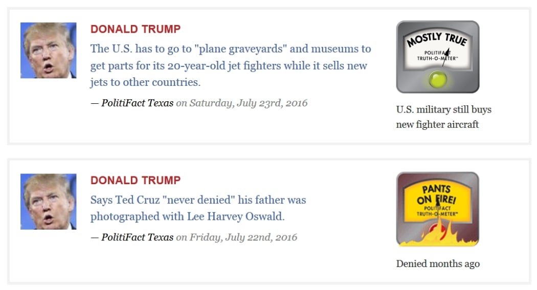 Screenshot of Politifact's verdicts on two controversial claims by Donald Trump.