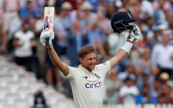 England's captain Joe Root celebrates his century on the third day of the second cricket test against India at Lord's cricket ground in London on August 14, 2021.