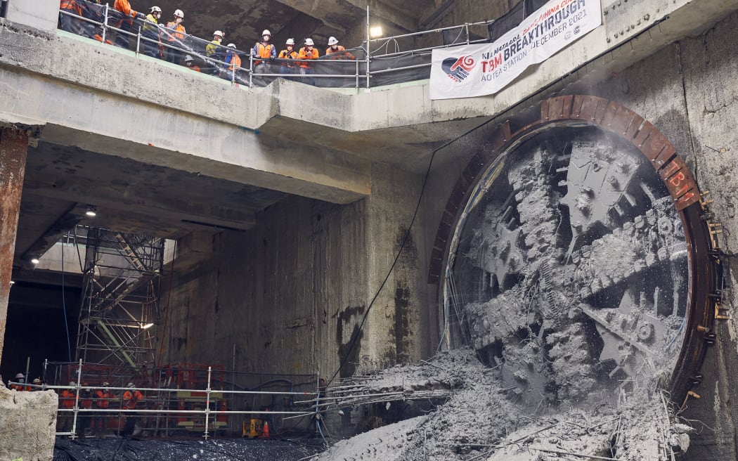Tunnel boring machine's breakthrough at City Rail Link’s Aotea Station in Auckland’s CBD.