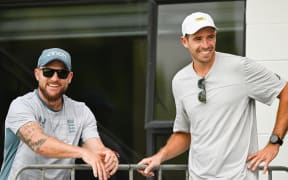 England coach Brendon McCullum and New Zealand test captain Tim Southee at a NZ XI v England warm-up match at Seddon Park, Hamilton, 8 February 2023.