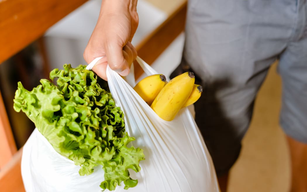 Male carrying bag in his hand after shopping. Closeup of bag full of fruits and vegetables.