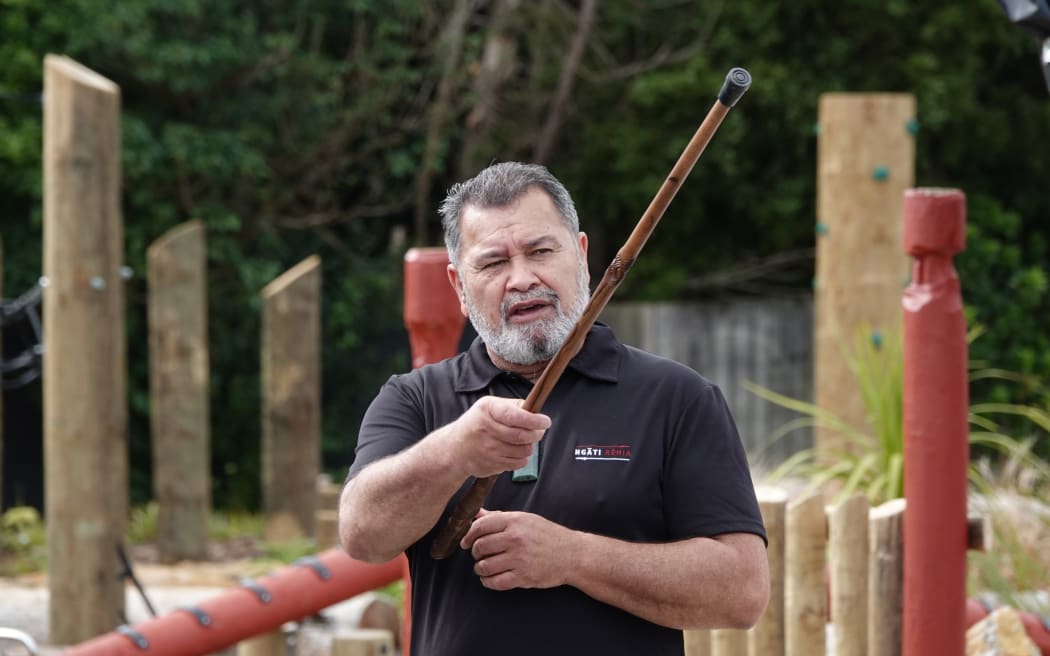 Te Rūnanga o Ngāti Rēhia chairman Kipa Munro addresses the crowd during the opening of the new playground.