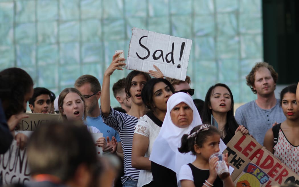 Anti-Trump protesters at Aotea Square last night.