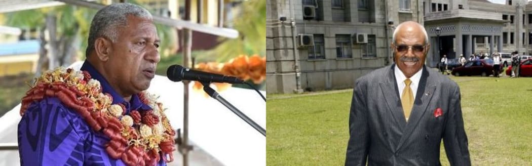 Fiji's prime minister Frank Bainimarama (left) and the opposition leader Sitiveni Rabuka (right). Mr Bainimarama has accused Mr Rabuka of politicising the Fiji 7s team's gold medal.