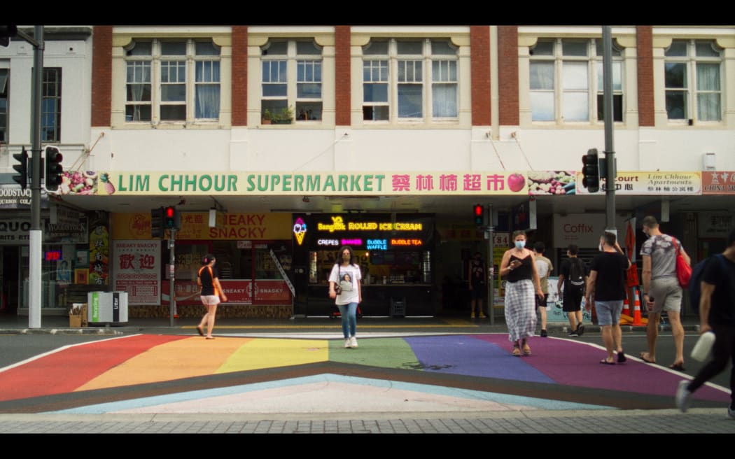 Mamie Rose crossing the rainbow crossing