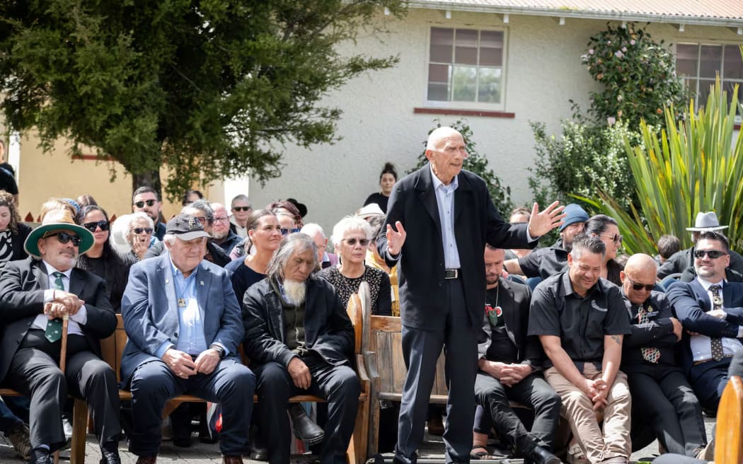 Kaumātua Rore Stafford during the pōwhiri in 2024 to welcome members of the Crown legal team at Motueka's Te Āwhina Marae.