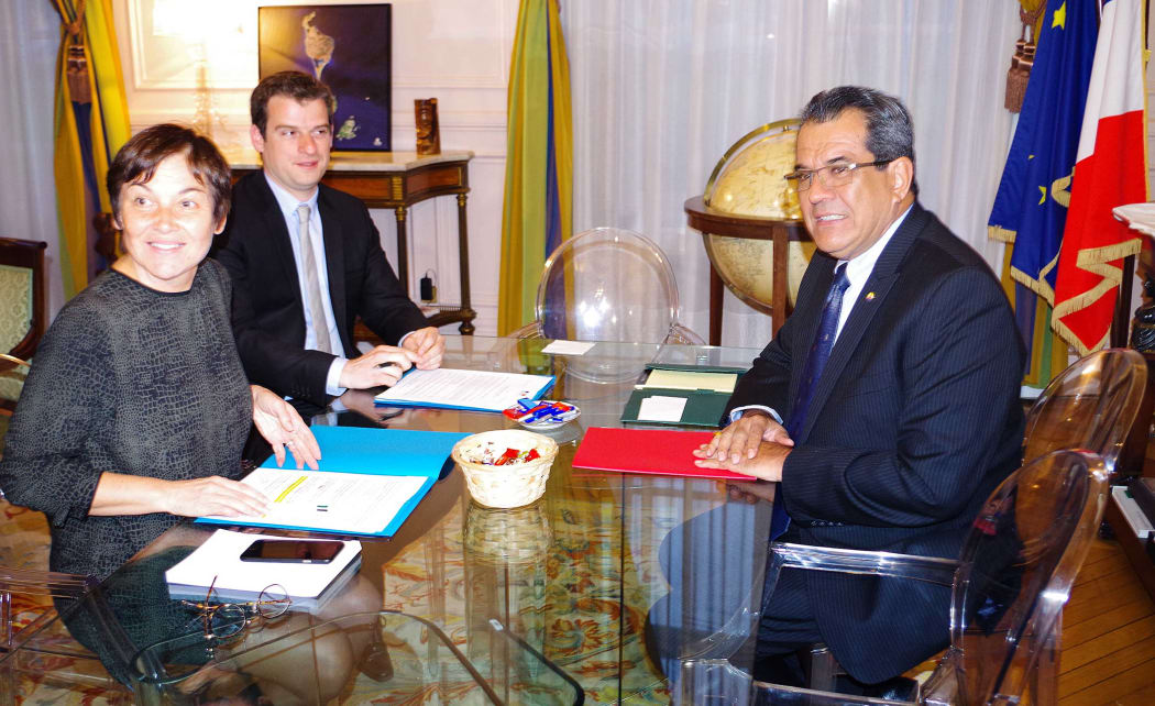 French overseas minister Annick Girardin and visiting French Polynesian president Edouard Fritch