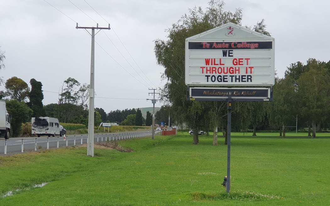 A sign at Te Aute College by the highway after Cyclone Gabrielle.