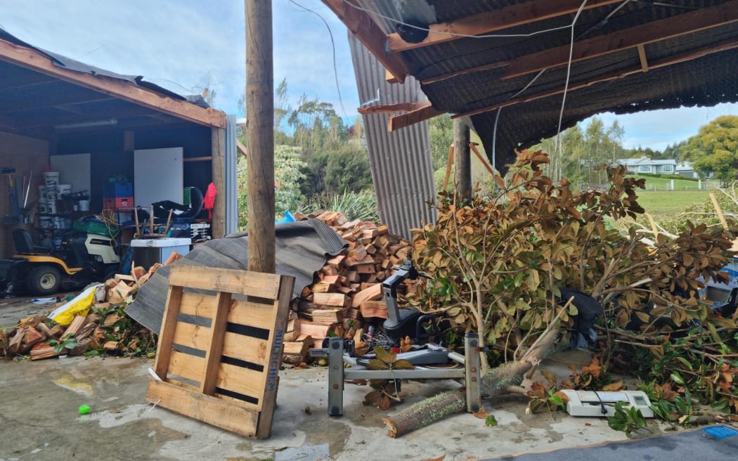 Tornado damage on Westdale Road, Tasman. The roof of a large shed has been blown off.