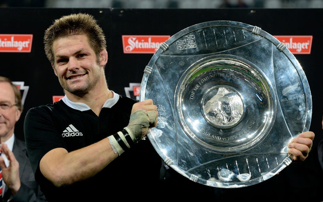 Richie McCaw holding the Hillary Shield after victory against England during the second test match in Dunedin earlier this month.