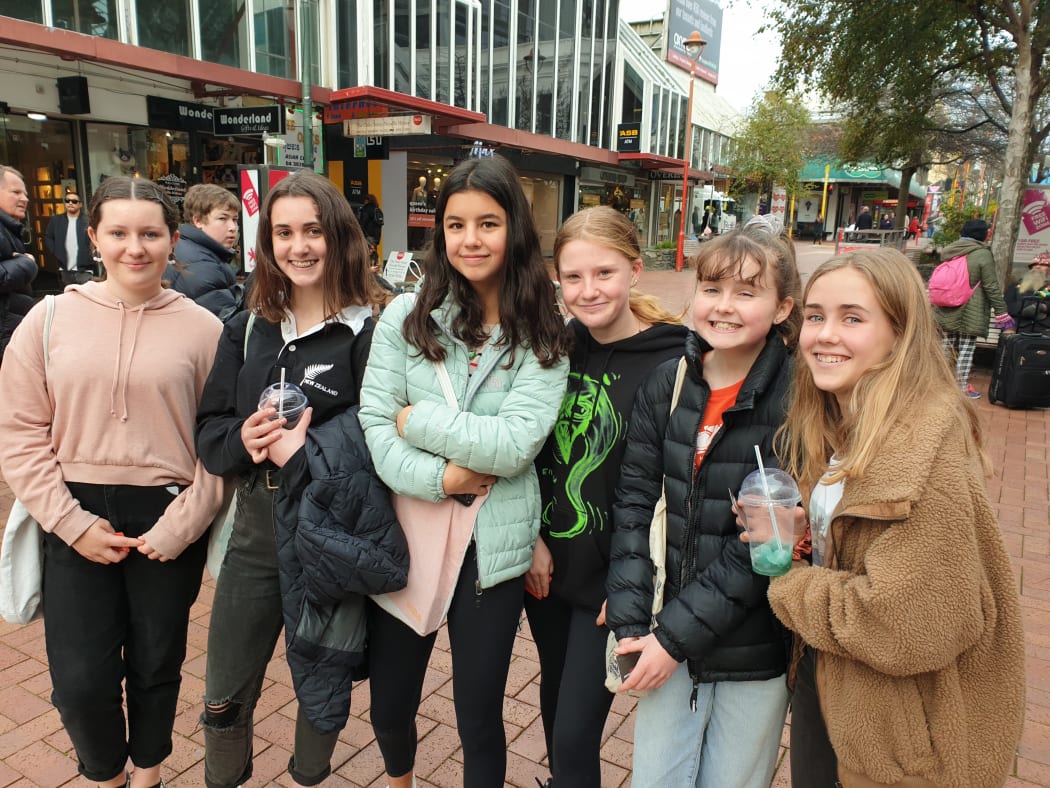 These Year 9 students in Wellington said they supported their teachers' strike today. Jazz Faisander (left), Holly Bowman, Stella Maiden, Lola Crocker, Ashley McClay, Catie Peach.