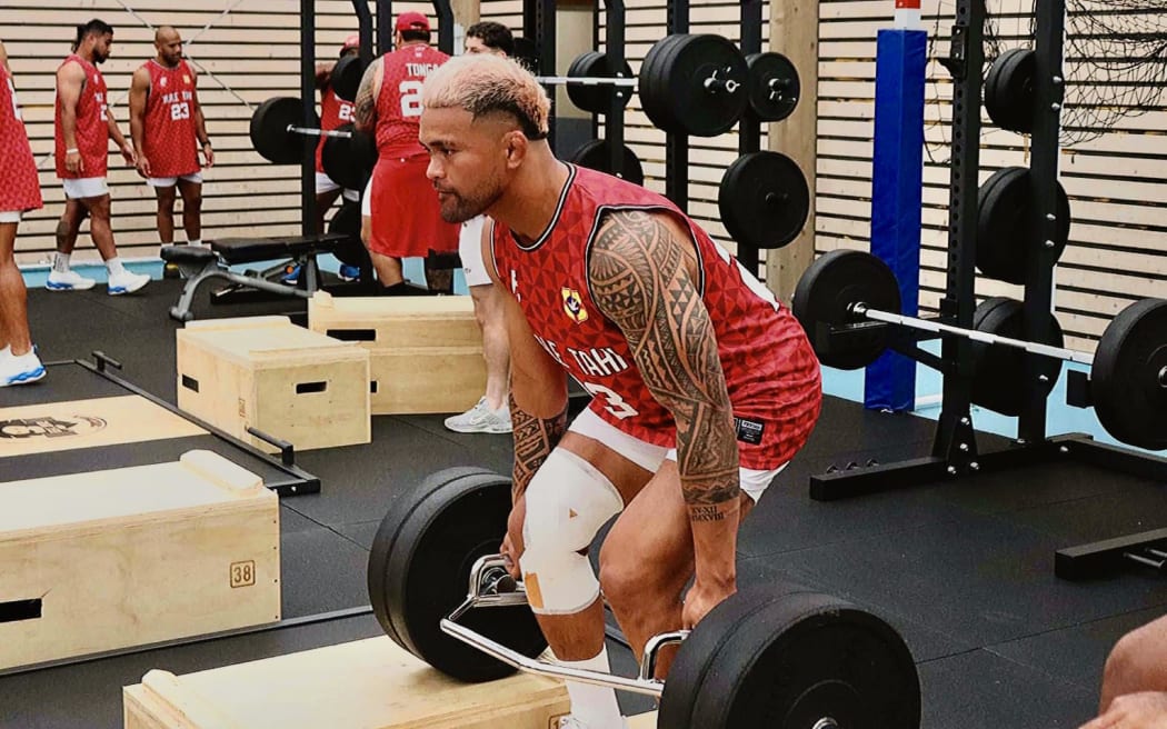 Vaea Fifita training with the Tonga team in Paris before their game against Scotland last weekend. He is now out of the RWC.