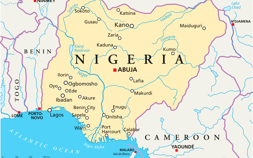 Nigeria Political Map with capital Abuja, national borders, most important cities, rivers and lakes