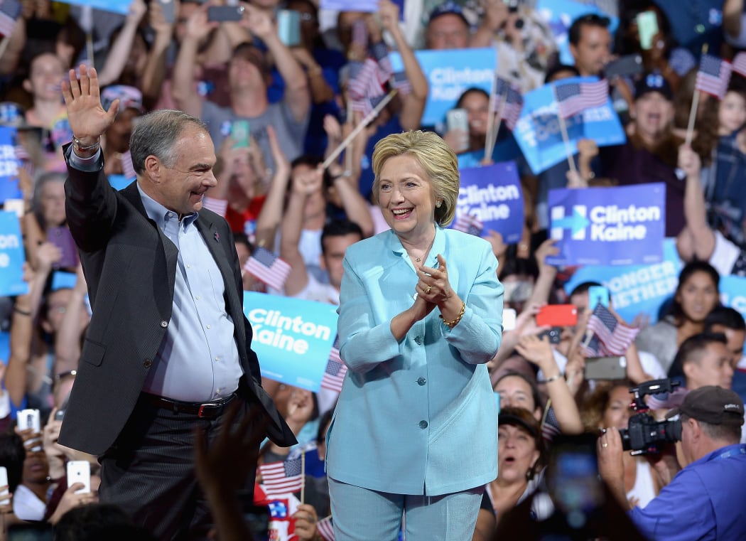 Democratic presidential candidate Hillary Clinton and vice presidential candidate Tim Kaine at a campaign rally in Florida.