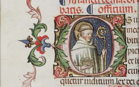 St Bernard of Clairvaux holding a crozier and a book. Illuminated manuscript, 1300-1500, National Library of the Netherlands