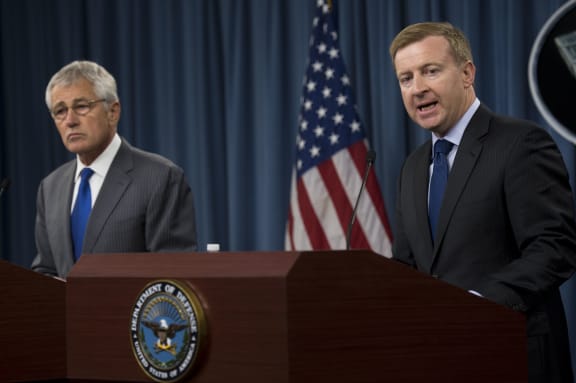 Jonathan Coleman (right) and US Defense Secretary Chuck Hagel.