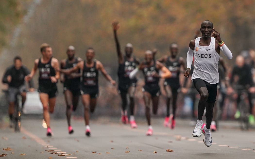 Eliud Kipchoge approaches the finish line in Vienna to break the historic two-hour barrier for a marathon.