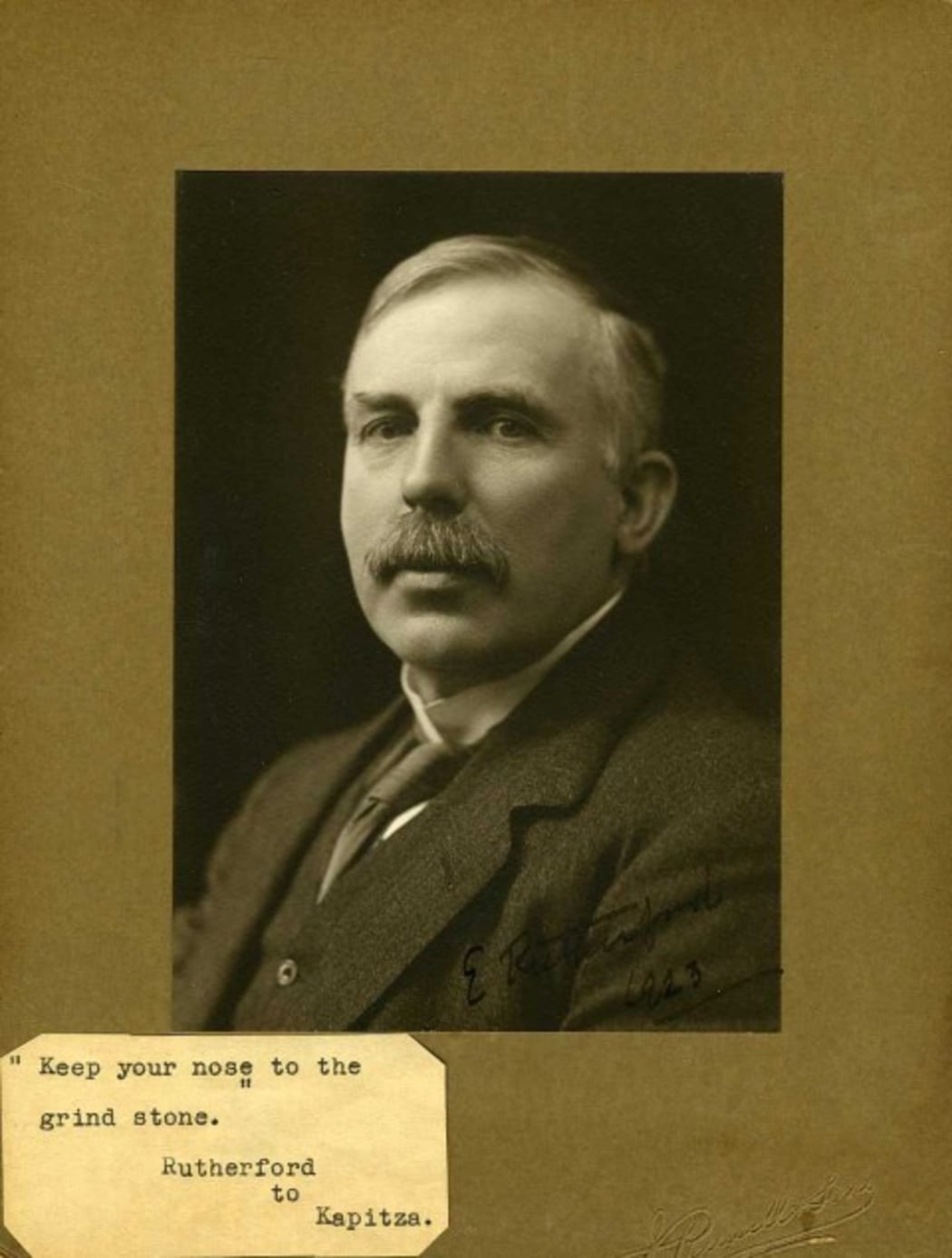 Portrait of Rutherford in Kapitsa’s Oﬃce with Rutherford’s quote to remind Kapitsa of the direction set up by Rutherford.