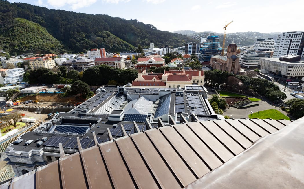 A view from the roof of the Beehive, including Parliament House and the Parliamentary Library (foreground) and behind them the British High Commission, Catholic and Anglican Cathedrals, State Services Commission and National Library.