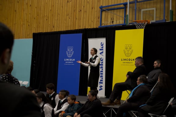 Pari Simpson delivers her powerful speech at the Waitaha regionals of Ngā Manu Kōrero at Lincoln University.