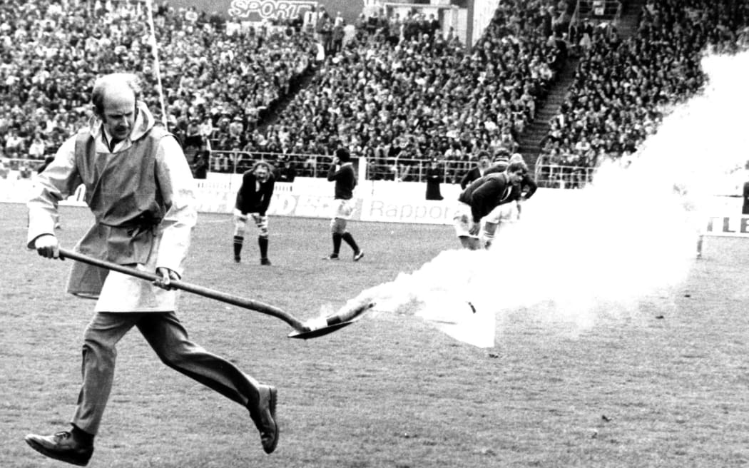 Protestors interrupt the New Zealand v South Africa Rugby Match at Eden Park in Auckland with flour bombs in reaction to apartheid, 12 September 1981.