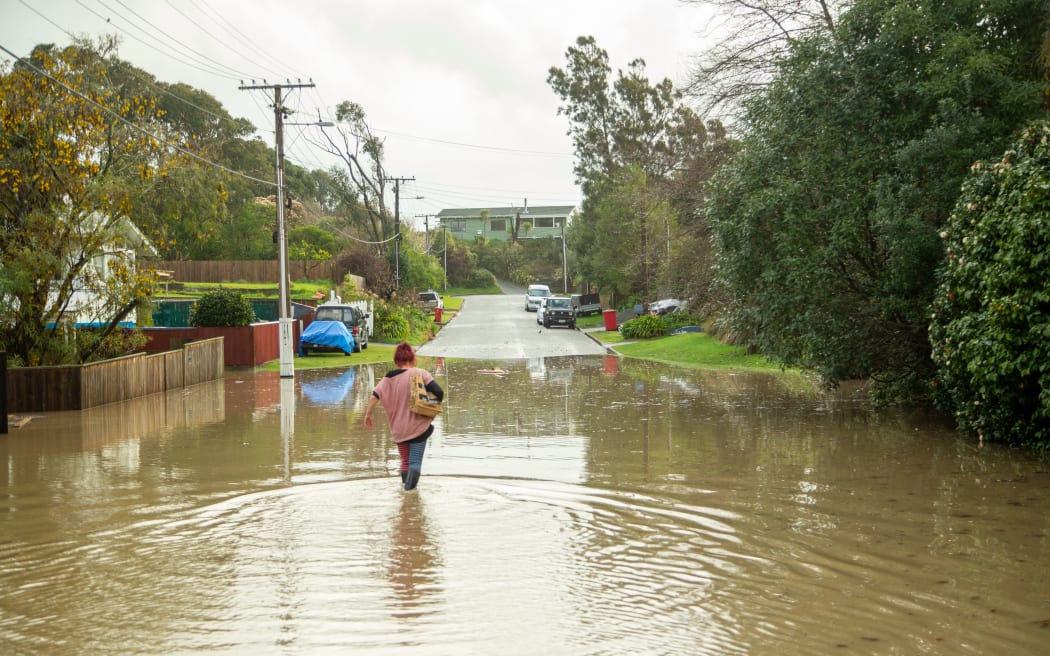 A person walks through floodwaters on Toroa Road near the Otaihanga Domain.