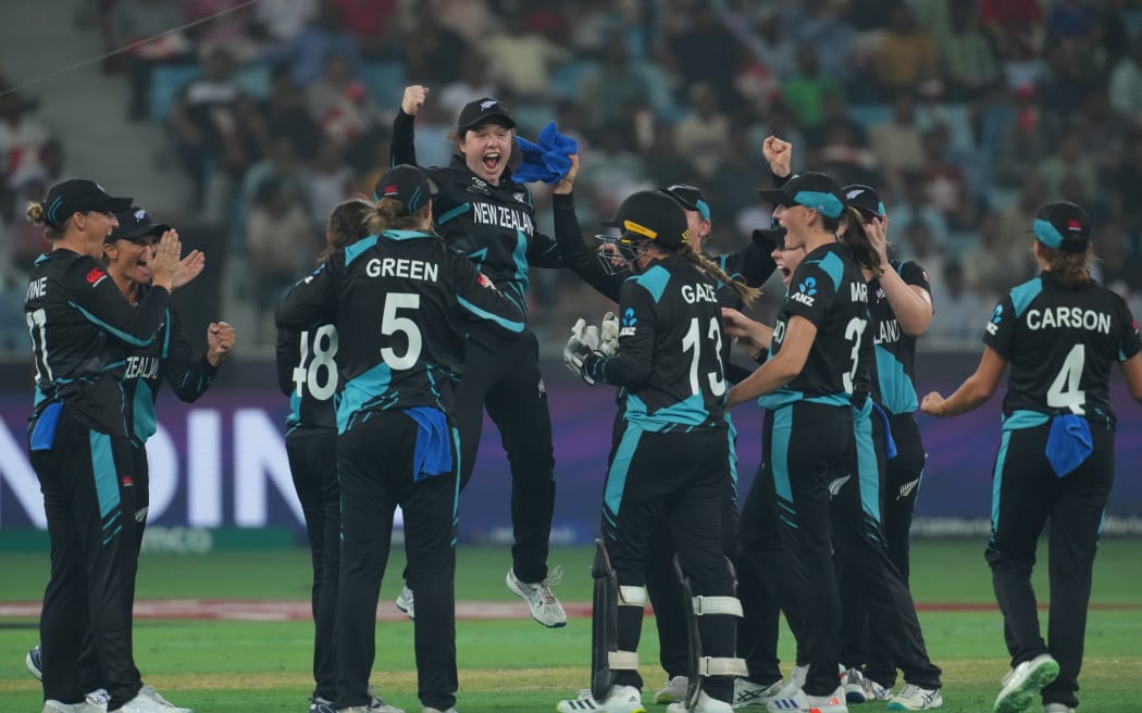 New Zealand players celebrates. T20 World Cup final, Dubai, 2024.