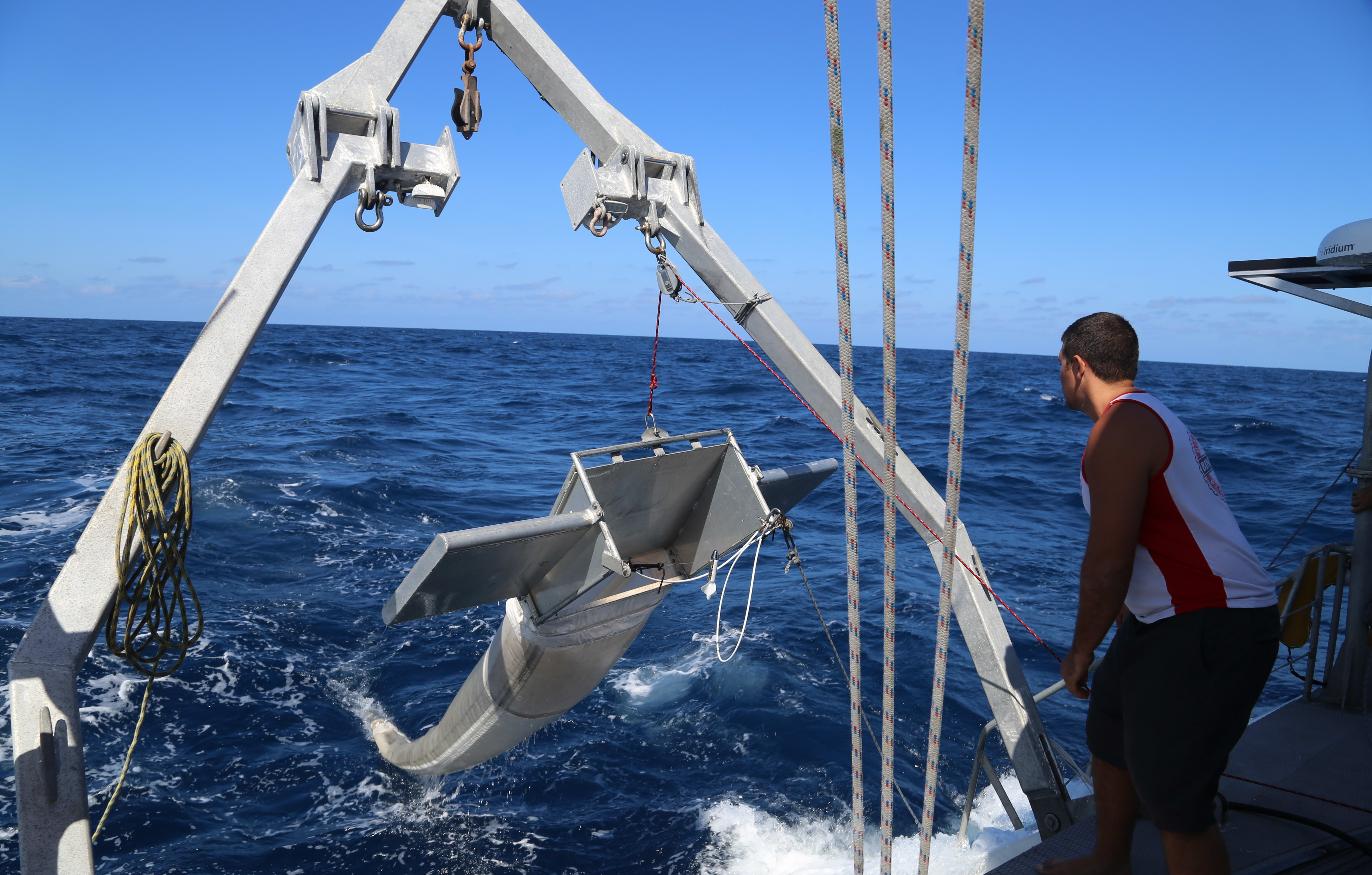 The Algalita Marine Research collecting plastic in the South Pacific Ocean.
