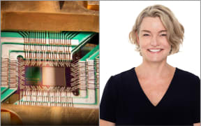 Illustration of a quantum computing chip and Nicole Girvan.