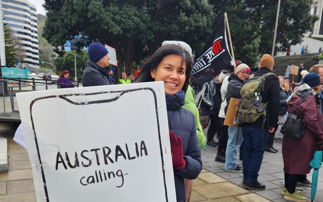 A woman protesting against the government's 1 percent pay offer for teachers in Wellington.