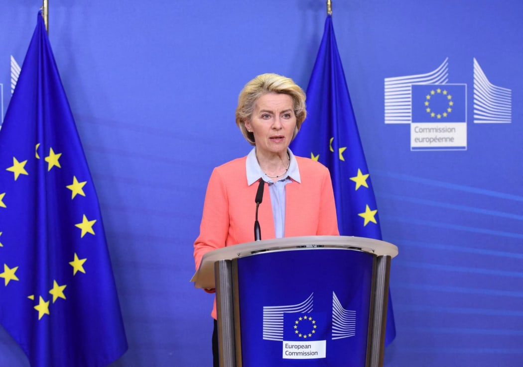 The President of the European Commission Ursula Von Der Lyon announces on Saturday Feb 26, 2022 a new set of sanctions against Russia, confirming that a number of Russian banks will be removed from Swift, so they can't operate globally.