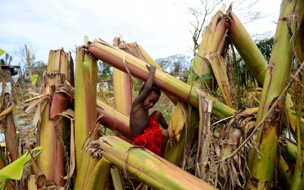 A young boy plays amongst a destroyed banana plantation in Mele, outside the Vanuatu capital of Port Vila.
